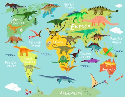 Fotobehang Wereldkaart voor kinderen met dinosaurussen
