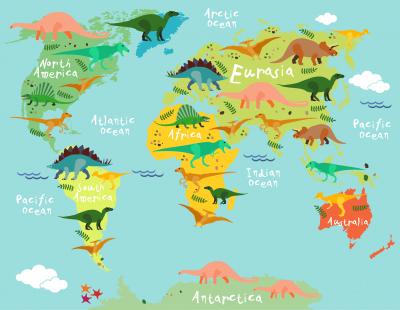 Fotobehang Wereldkaart voor kinderen met dinosaurussen