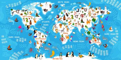 Fotobehang Wereldkaart voor kinderen met oceanen en dieren