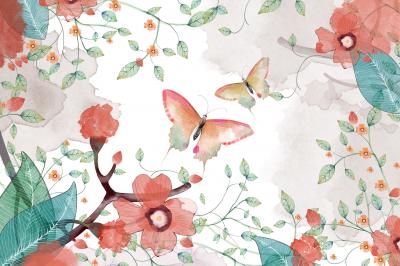 Fotobehang Romantisch patroon met vlinders