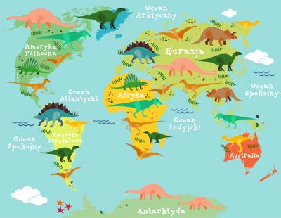 Sticker Gesigneerde wereldkaart met afbeeldingen van dinosaurussen