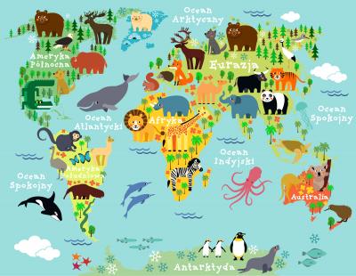 Sticker Gesigneerde wereldkaart met kenmerkende dieren