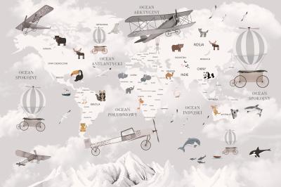 Fotobehang Wereldkaart met dieren en vliegtuigen voor kinderen