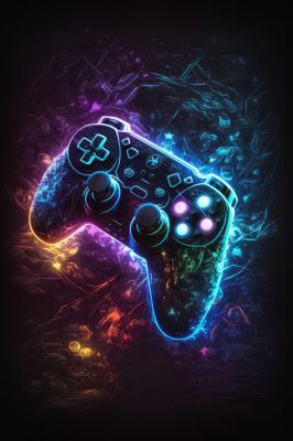 Poster Neon gamecontroller op een zwarte achtergrond