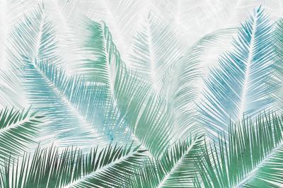 Fotobehang Botanisch patroon met blauwe en groene palmbladeren