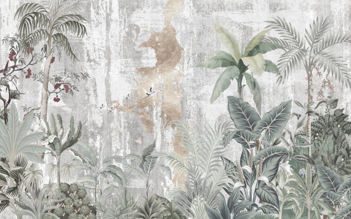 Fotobehang Tropische junglebomen en vogels op een betonnen achtergrond