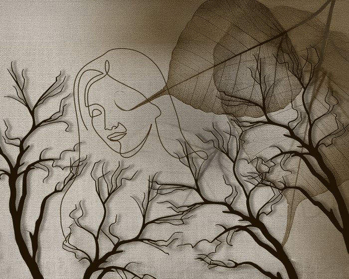 Fotobehang 3D-schets van een vrouw tussen bomen en bladeren