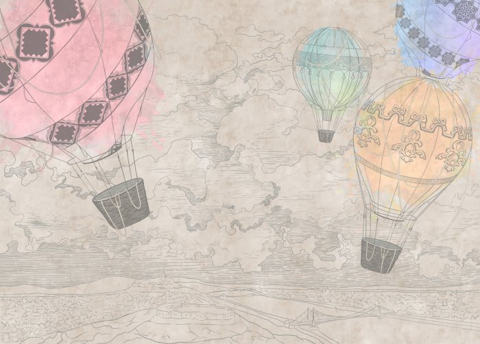 Fotobehang Kleurrijke ballonnen tegen een beige landschapsachtergrond