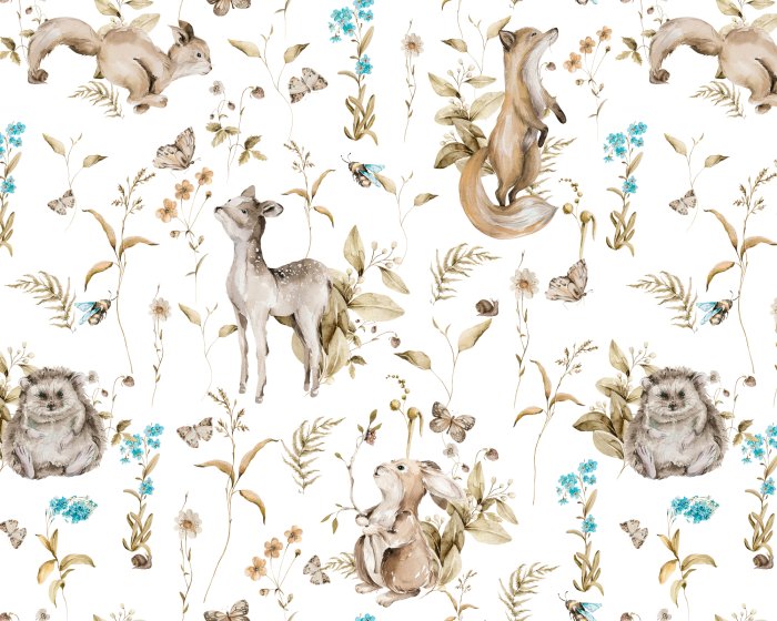 Fotobehang Aquarel bosdieren en planten op een witte achtergrond