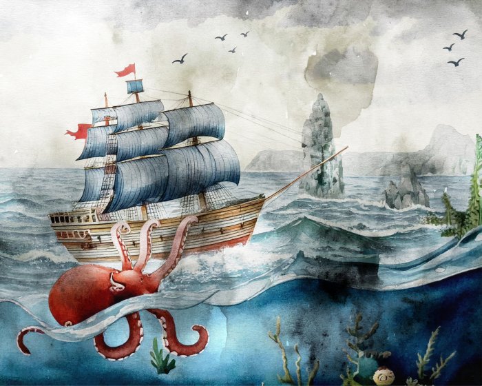 Fotobehang Octopus en schip op zee patroon voor kinderen