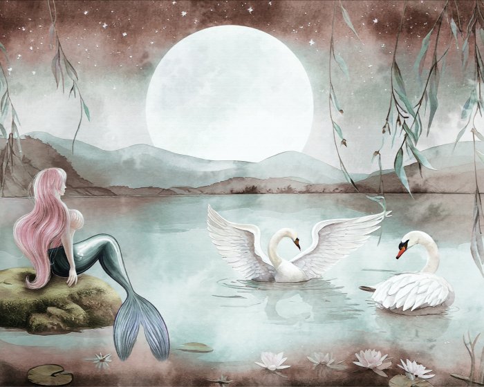 Fotobehang Zeemeermin en zwanen onder de volle maan