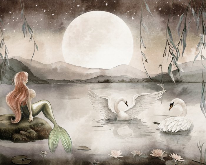 Fotobehang Kinderpatroon Zeemeermin en zwanen bij volle maan