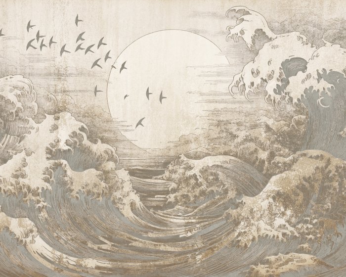 Fotobehang Een grote golf met de maan op de achtergrond