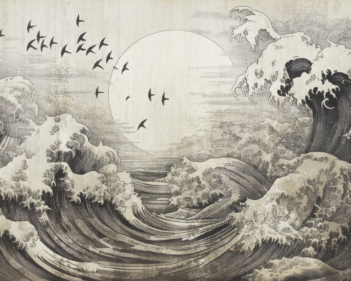 Fotobehang Landschap met een grote golf en een volle maan