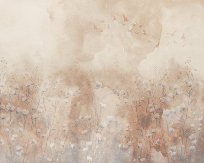 Fotobehang Aquarellandschap met wilde bloemen en vogels