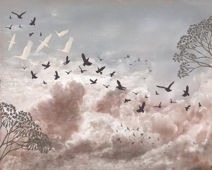 Fotobehang Vogels en paardenbloemzaden tegen een bewolkte lucht