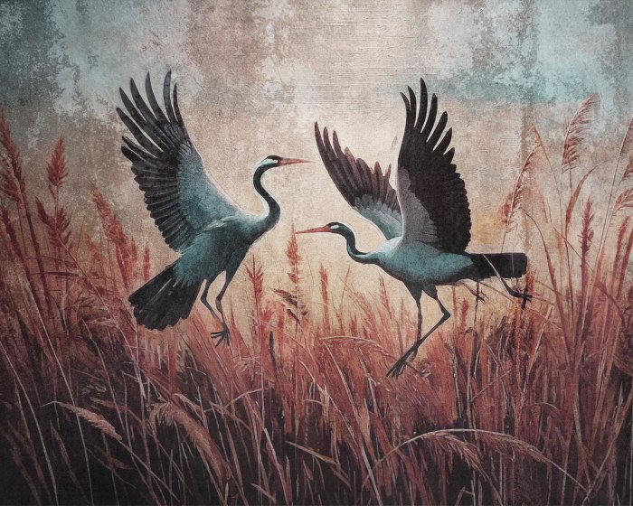 Fotobehang Reigers en planten op een gestructureerde achtergrond