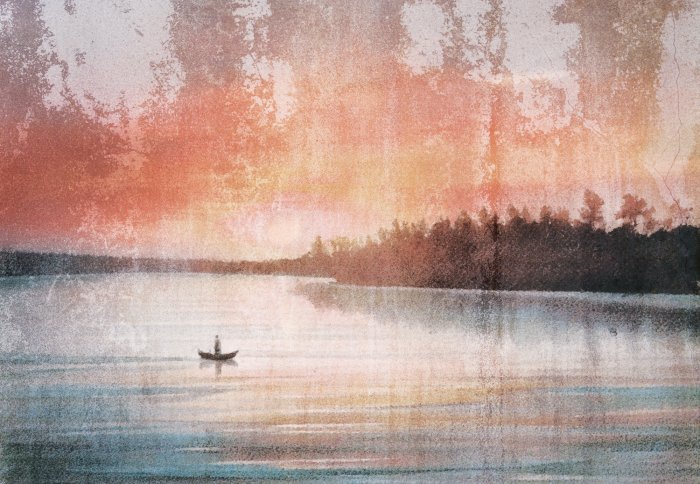 Fotobehang Landschap van een boot op een meer met een betontextuureffect