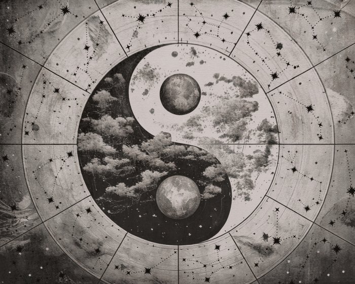 Fotobehang Yin Yang-symbool op een sterrenachtergrond
