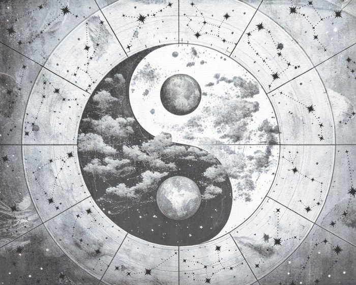 Fotobehang Zwart-wit Yin Yang-symbool op een sterrenachtergrond