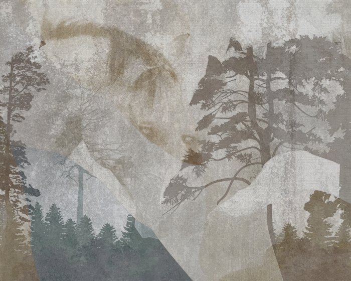 Fotobehang Abstract portret van een paard tegen een boslandschap