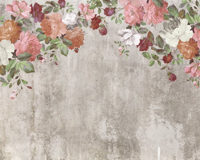 Fotobehang Kleurrijke bloemen hangen van bovenaf tegen een betonnen achtergrond