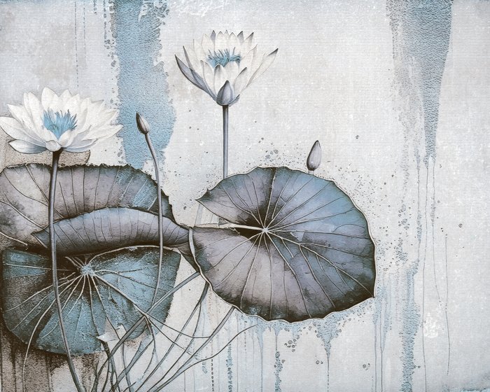 Fotobehang Waterlelies en bladeren op een betonnen achtergrond