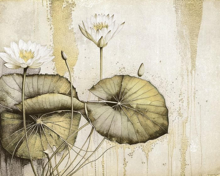 Fotobehang Witte waterlelies en bladeren op een betonnen achtergrond