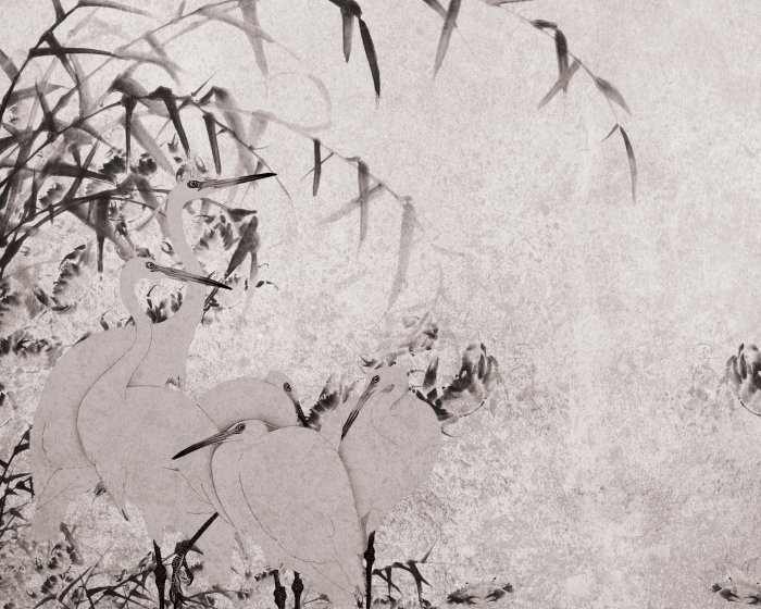 Fotobehang Reigers en bamboetakken op een gestructureerde achtergrond