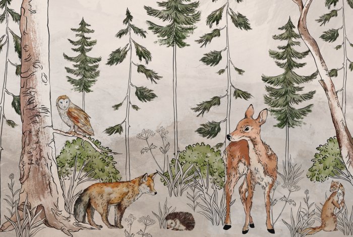 Fotobehang Wilde dieren in een aquarelbos