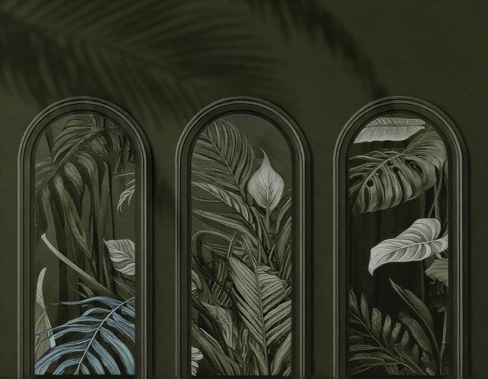 Fotobehang Tropische groene bladeren in 3D-bogen