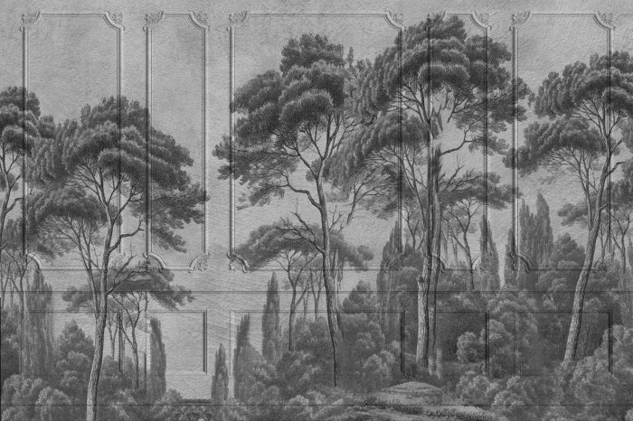 Fotobehang Zwart-wit landschap van een bos tegen een achtergrond van stucwerk