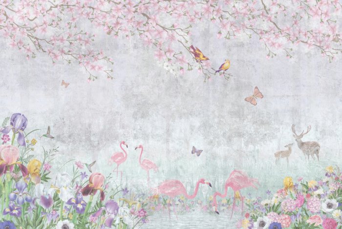 Fotobehang Flamingo&#39;s en bosdieren tussen kleurrijke bloemen