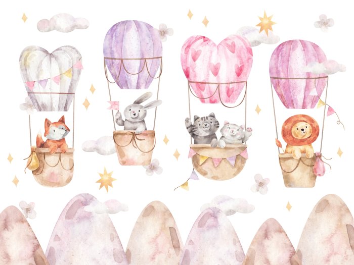 Fotobehang Aquarelpatroon met dieren en ballonnen voor kinderen