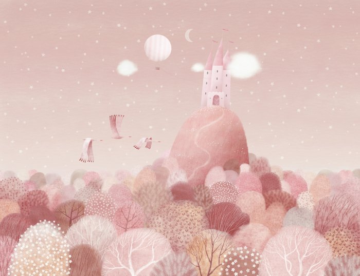 Fotobehang Kasteel op een heuvel roze sprookjeslandschap