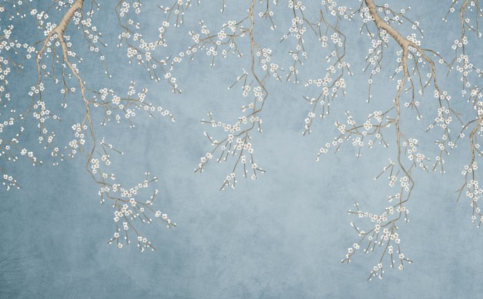 Fotobehang Witte bloemen op de takken van de bomen