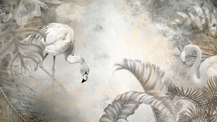 Fotobehang Flamingo&#39;s en tropische grijze bladeren op een gestructureerde achtergrond