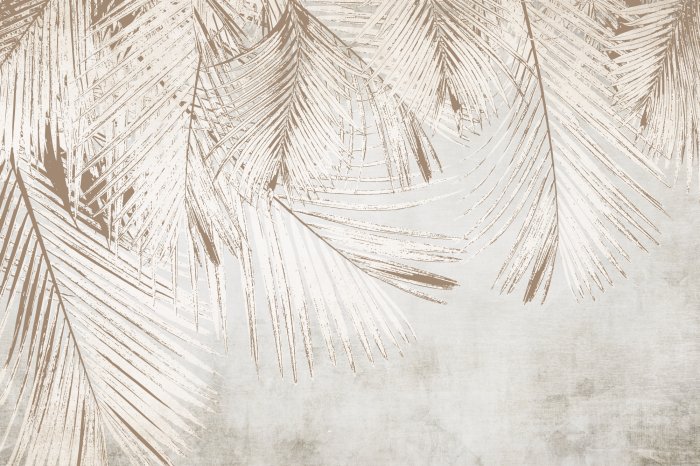 Fotobehang Palmbladeren in witte en beige kleuren op een betonnen achtergrond