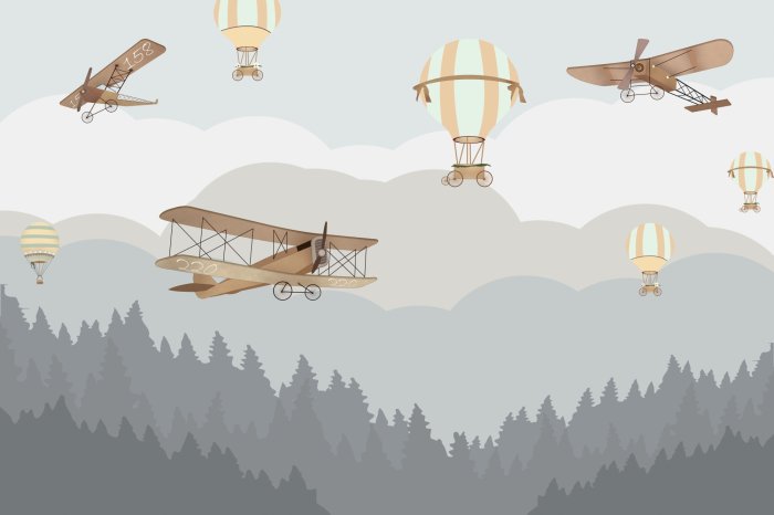 Fotobehang Sprookjeslandschap met ballonnen en vliegtuigen voor kinderen