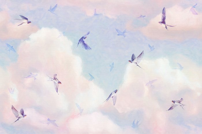 Fotobehang Vogels tegen een pastelkleurige lucht met wolken