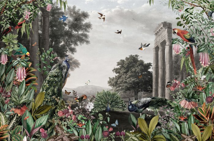Fotobehang Tropische planten en vogels tegen de achtergrond van architectuur