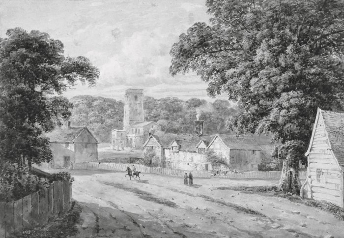 Fotobehang Zwart-wit landelijk landschap met een nederzetting