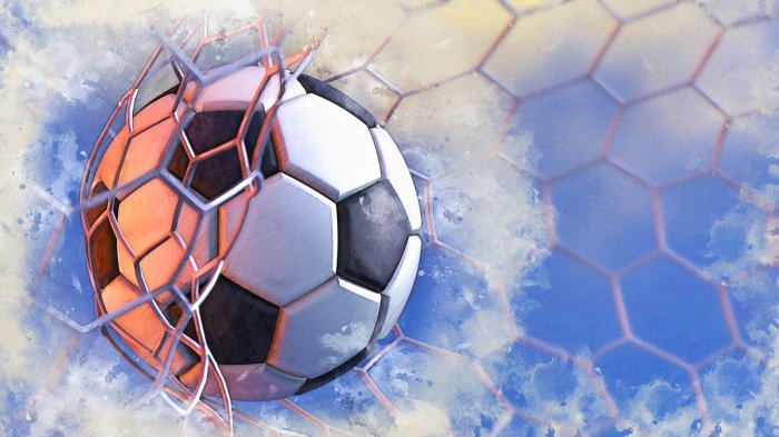 Fotobehang Een bal in het net op een blauwe achtergrond