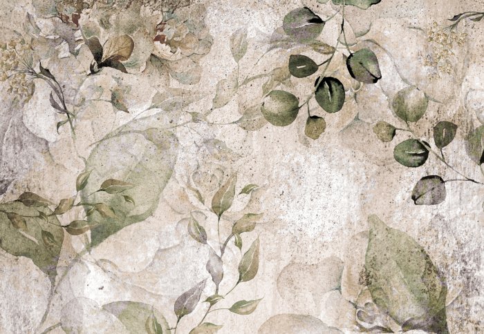 Fotobehang Vintage patroon met eucalyptustakken en bloemen