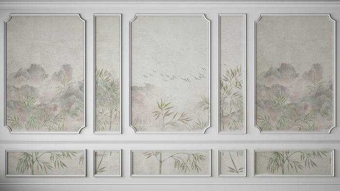 Fotobehang Compositie met een mistig landschap in stucwerk