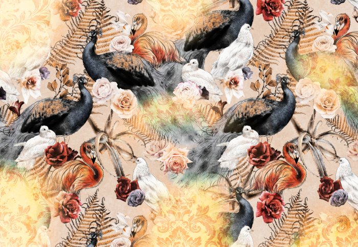 Fotobehang Een compositie met vogels tussen ornamenten en bloemen