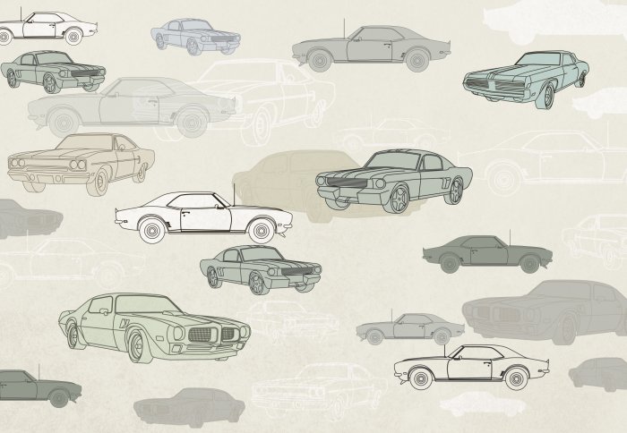 Fotobehang Retro auto&#39;s in tinten groen