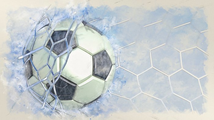 Fotobehang Voetbal in een net op een blauwe aquarelachtergrond