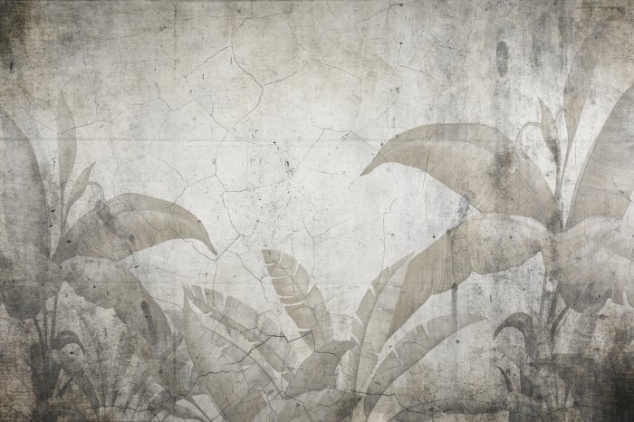 Fotobehang Tropische bladeren op een gebarsten oude muurcompositie