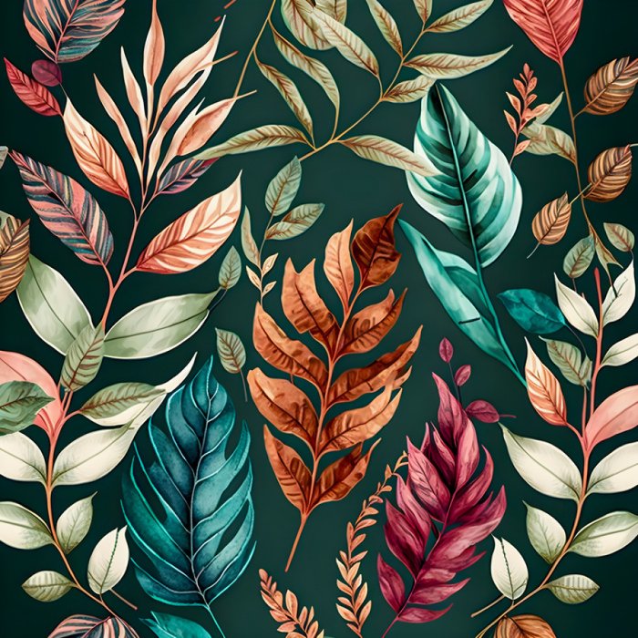 Canvas Kleurrijke aquarelbladeren op een donkergroene achtergrond